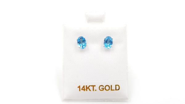 BLUE TOPAZ 5X7 MM OVAL SHAPE 14 KT WHITE GOLD PRONG SET STUDS EARRINGS