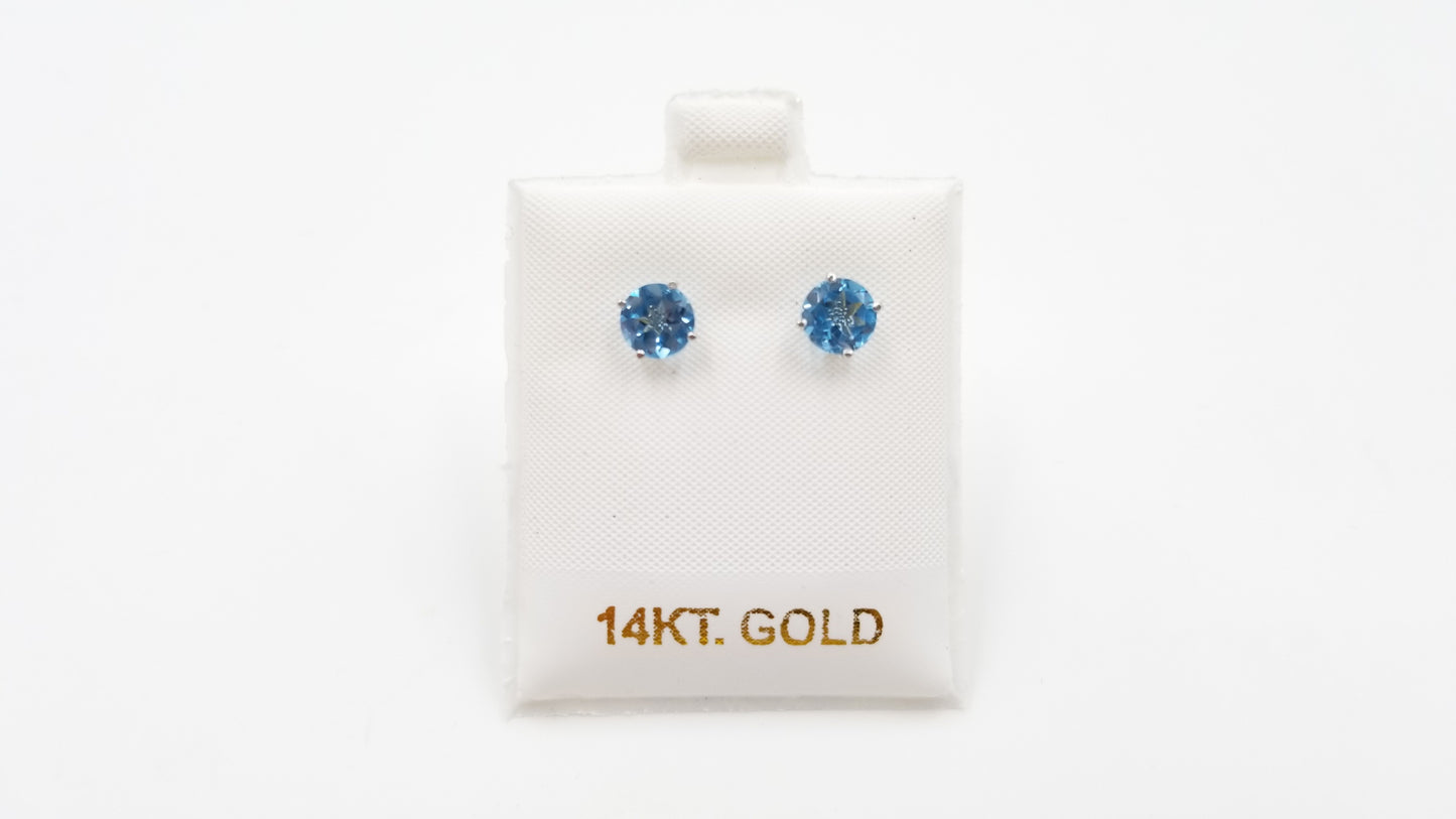 BLUE TOPAZ 6MM ROUND 14 KT WHITE GOLD PRONG SET STUDS EARRINGS