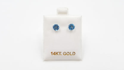 BLUE TOPAZ 6MM ROUND 14 KT WHITE GOLD PRONG SET STUDS EARRINGS
