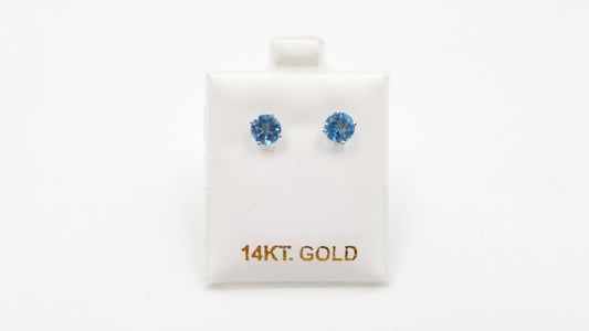 BLUE TOPAZ 6MM ROUND 14 KT WHITE GOLD PRONG SET STUDS EARRINGS