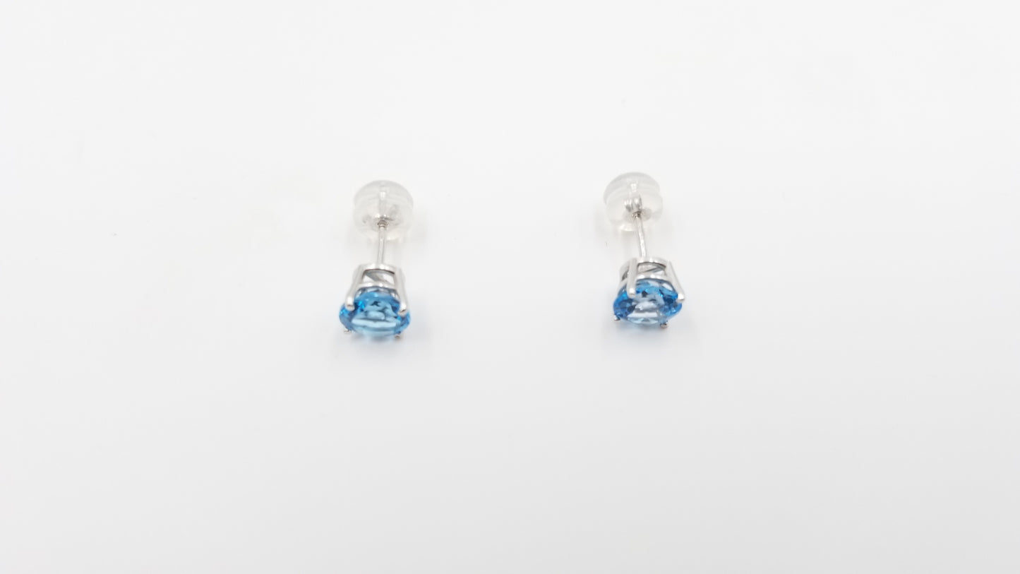 BLUE TOPAZ 6MM ROUND 14 KT WHITE GOLD PRONG SET STUDS EARRINGS