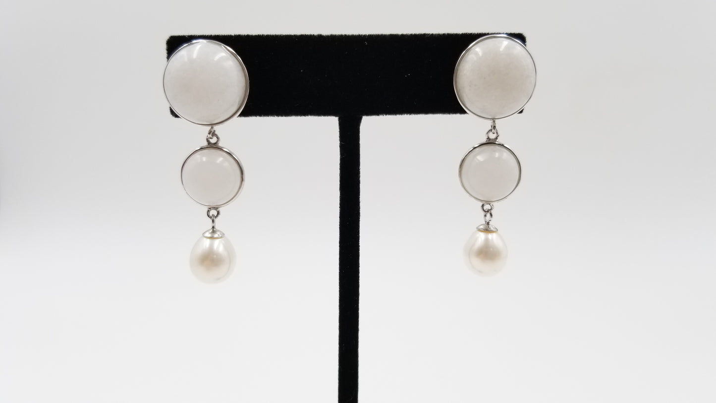 FRESHWATER CULTURE PEARLS 925 STERLING SILVER W/ WHITE AGATE  DOUBLE STONES DROP EARRINGS