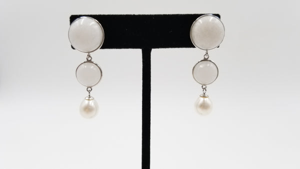 FRESHWATER CULTURE PEARLS 925 STERLING SILVER W/ WHITE AGATE  DOUBLE STONES DROP EARRINGS