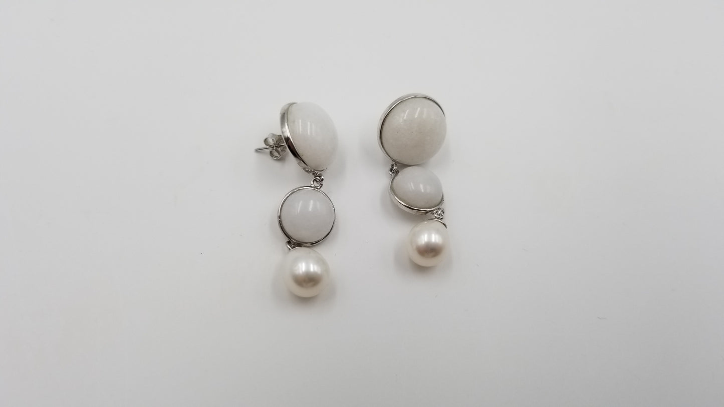 FRESHWATER CULTURE PEARLS 925 STERLING SILVER W/ WHITE AGATE  DOUBLE STONES DROP EARRINGS