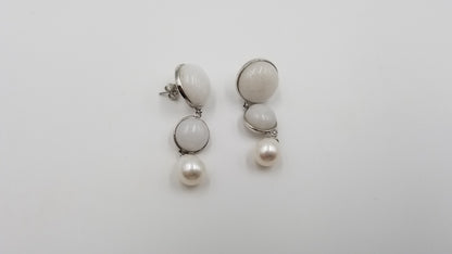 FRESHWATER CULTURE PEARLS 925 STERLING SILVER W/ WHITE AGATE  DOUBLE STONES DROP EARRINGS