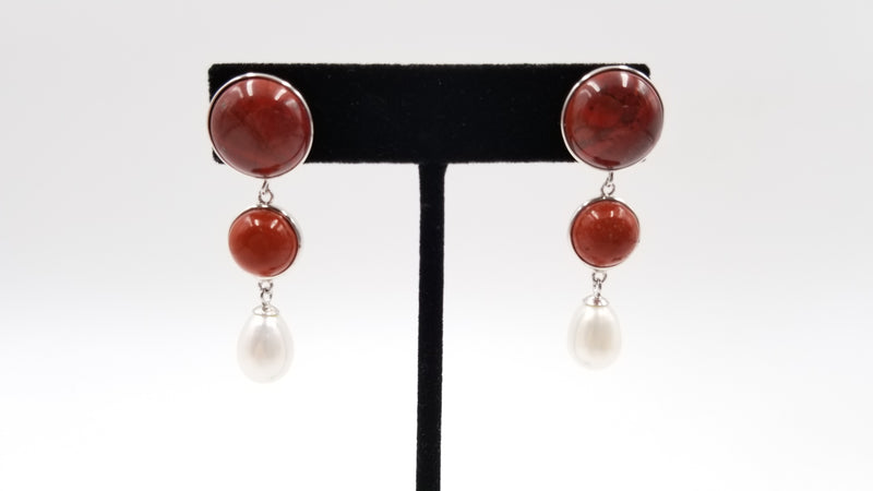 FRESHWATER CULTURE PEARLS W/ JASPER STERLING SILVER DROP EARRINGS