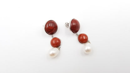 FRESHWATER CULTURE PEARLS W/ JASPER STERLING SILVER DROP EARRINGS