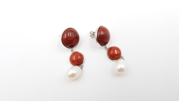 FRESHWATER CULTURE PEARLS W/ JASPER STERLING SILVER DROP EARRINGS