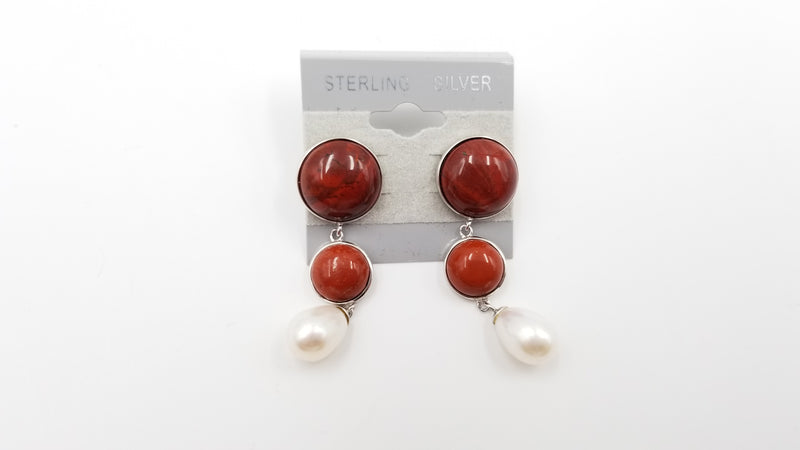 FRESHWATER CULTURE PEARLS W/ JASPER STERLING SILVER DROP EARRINGS