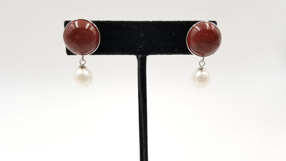 FRESHWATER CULTURE PEARLS W/ JASPER STERLING SILVER DROP EARRINGS