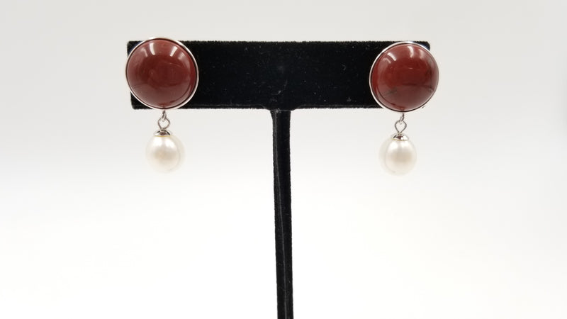 FRESHWATER CULTURE PEARLS W/ JASPER STERLING SILVER DROP EARRINGS