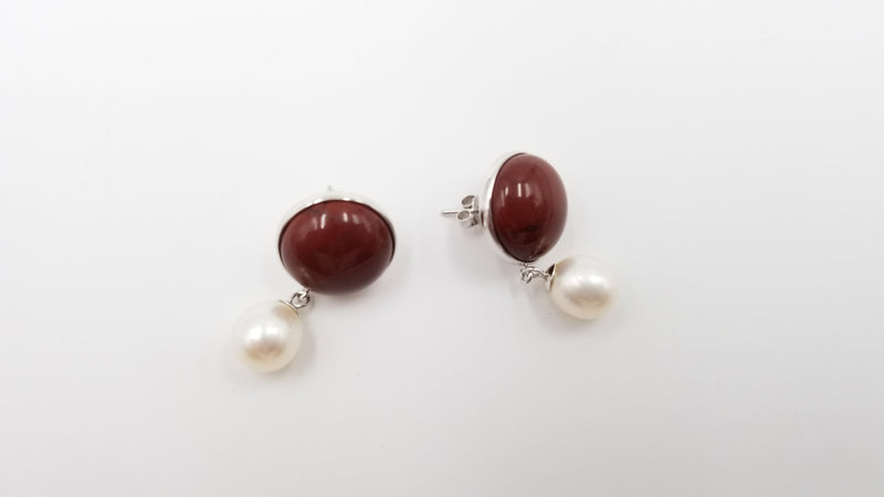 FRESHWATER CULTURE PEARLS W/ JASPER STERLING SILVER DROP EARRINGS