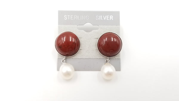 FRESHWATER CULTURE PEARLS W/ JASPER STERLING SILVER DROP EARRINGS