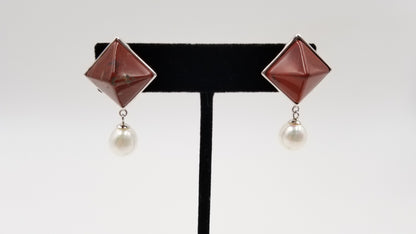 FRESHWATER CULTURE PEARLS W/ JASPER STERLING SILVER DROP EARRINGS