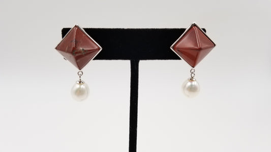 FRESHWATER CULTURE PEARLS W/ JASPER STERLING SILVER DROP EARRINGS