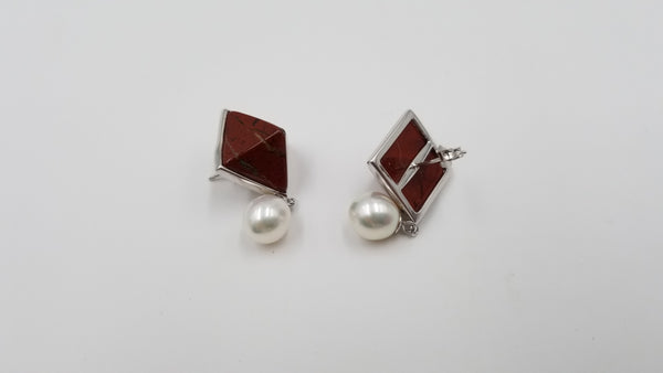 FRESHWATER CULTURE PEARLS W/ JASPER STERLING SILVER DROP EARRINGS