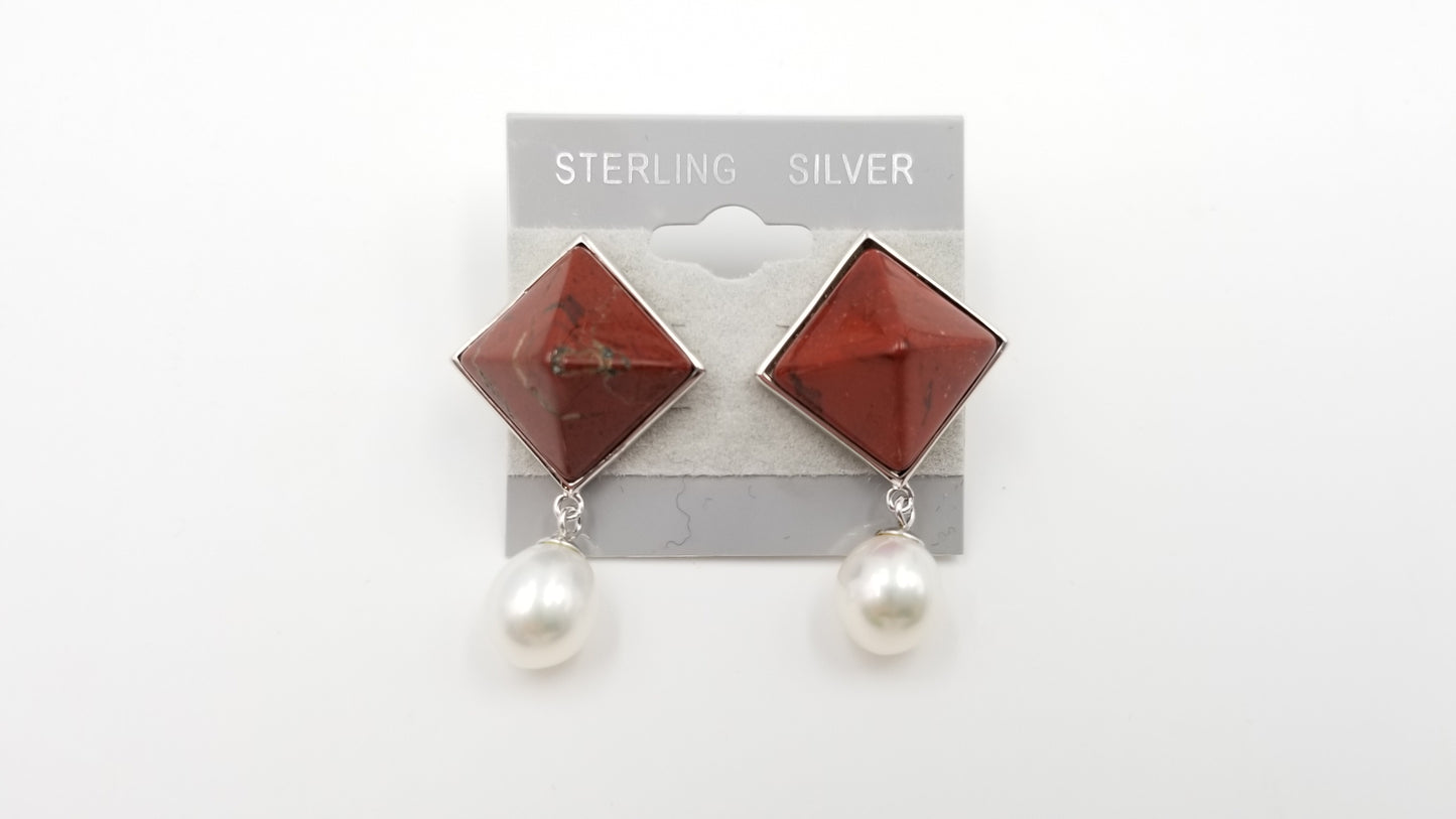 FRESHWATER CULTURE PEARLS W/ JASPER STERLING SILVER DROP EARRINGS