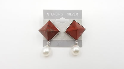 FRESHWATER CULTURE PEARLS W/ JASPER STERLING SILVER DROP EARRINGS