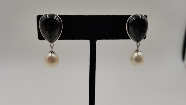 FRESHWATER CULTURE PEARLS W/ BLACK AGATE STERLING SILVER DROP EARRINGS