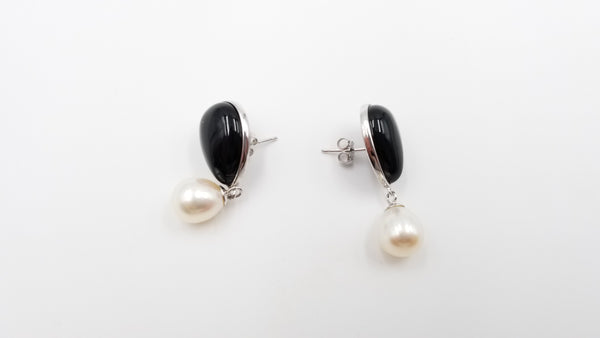 FRESHWATER CULTURE PEARLS W/ BLACK AGATE STERLING SILVER DROP EARRINGS