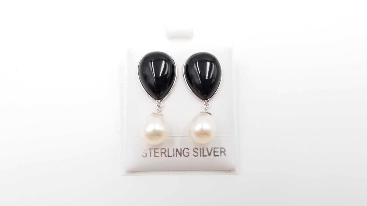 FRESHWATER CULTURE PEARLS W/ BLACK AGATE STERLING SILVER DROP EARRINGS