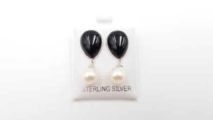FRESHWATER CULTURE PEARLS W/ BLACK AGATE STERLING SILVER DROP EARRINGS
