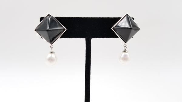 FRESHWATER CULTURE PEARLS W/ BLACK AGATE STERLING SILVER DROP EARRINGS