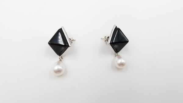 FRESHWATER CULTURE PEARLS W/ BLACK AGATE STERLING SILVER DROP EARRINGS