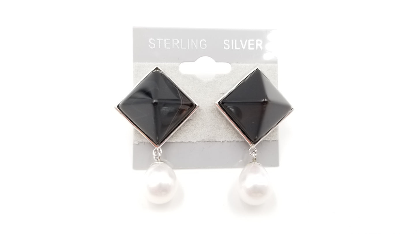 FRESHWATER CULTURE PEARLS W/ BLACK AGATE STERLING SILVER DROP EARRINGS