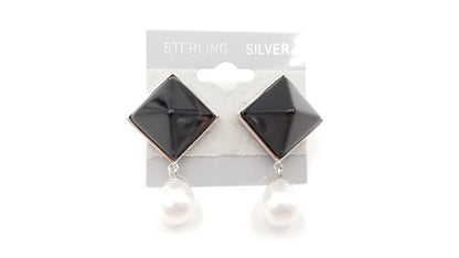 FRESHWATER CULTURE PEARLS W/ BLACK AGATE STERLING SILVER DROP EARRINGS