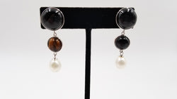 FRESHWATER CULTURE PEARLS W/ BLACK AGATE STERLING SILVER DROP EARRINGS