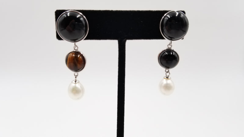 FRESHWATER CULTURE PEARLS W/ BLACK AGATE STERLING SILVER DROP EARRINGS