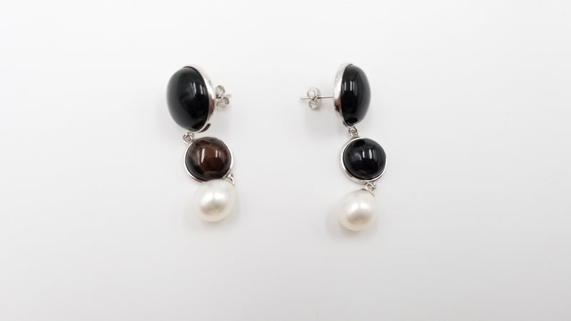 FRESHWATER CULTURE PEARLS W/ BLACK AGATE STERLING SILVER DROP EARRINGS