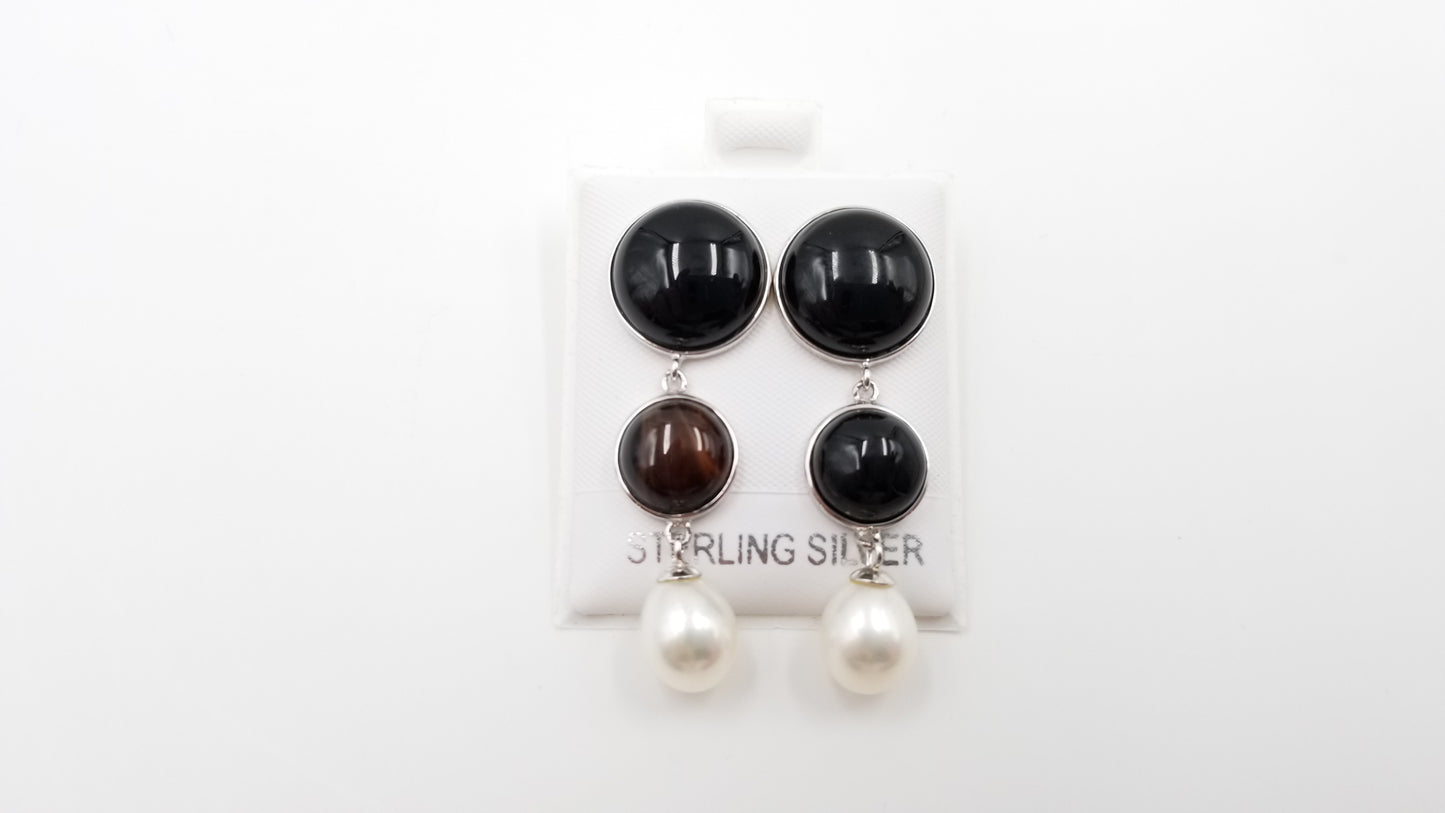 FRESHWATER CULTURE PEARLS W/ BLACK AGATE STERLING SILVER DROP EARRINGS