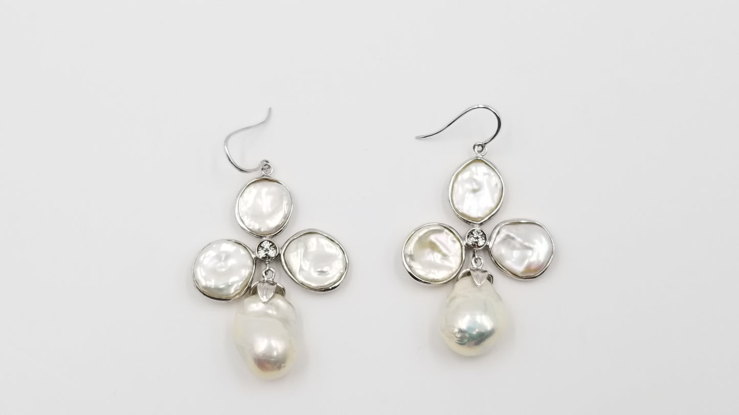 FRESHWATER BAROQUE PEARLS W/CZ STERLING SILVER FANCY DROP EARRINGS