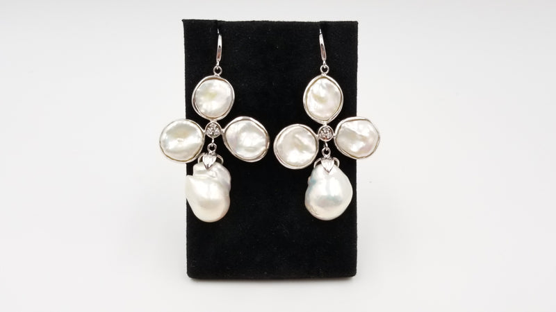 FRESHWATER BAROQUE PEARLS W/CZ STERLING SILVER FANCY DROP EARRINGS