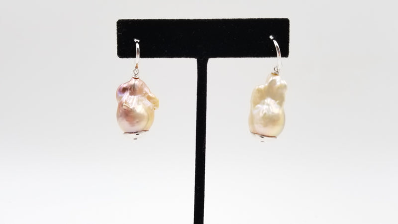 FRESHWATER NATURAL PEACH COLOR BAROQUE PEARLS  STERLING SILVER DROP EARRINGS