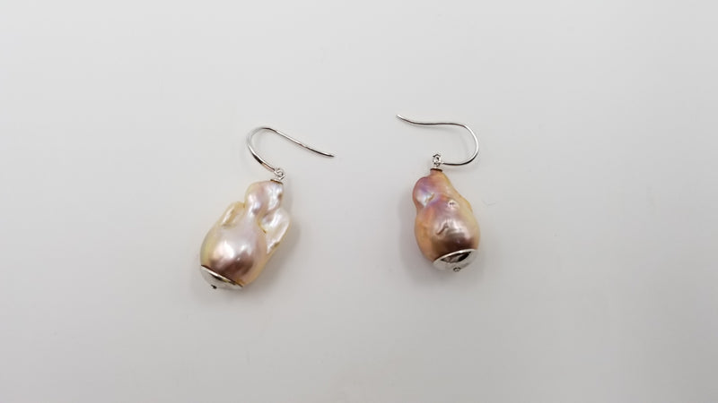 FRESHWATER NATURAL PEACH COLOR BAROQUE PEARLS  STERLING SILVER DROP EARRINGS