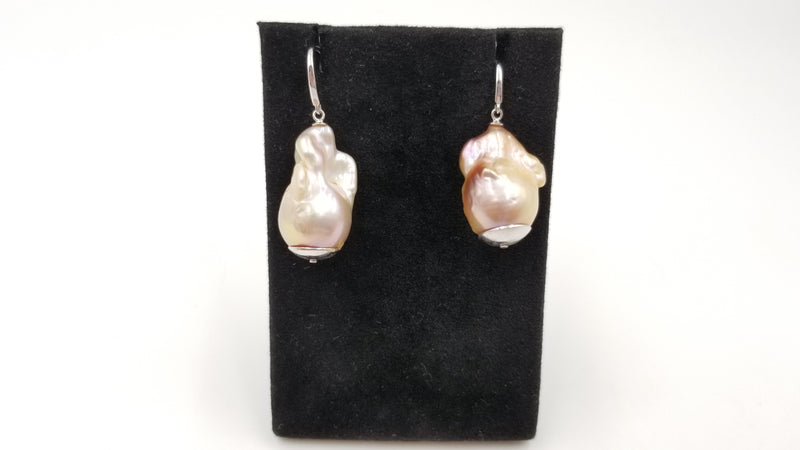 FRESHWATER NATURAL PEACH COLOR BAROQUE PEARLS  STERLING SILVER DROP EARRINGS