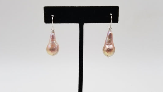 FRESHWATER NATURAL PEACH COLOR BAROQUE PEARLS  STERLING SILVER DROP EARRINGS