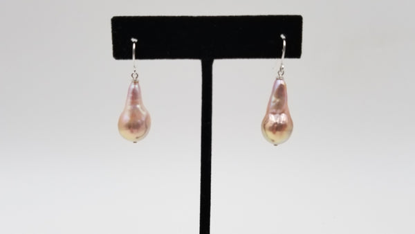 FRESHWATER NATURAL PEACH COLOR BAROQUE PEARLS  STERLING SILVER DROP EARRINGS