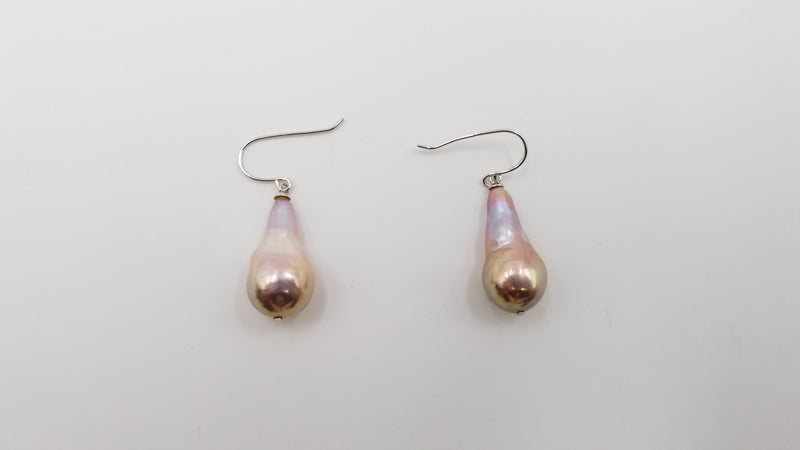 FRESHWATER NATURAL PEACH COLOR BAROQUE PEARLS  STERLING SILVER DROP EARRINGS