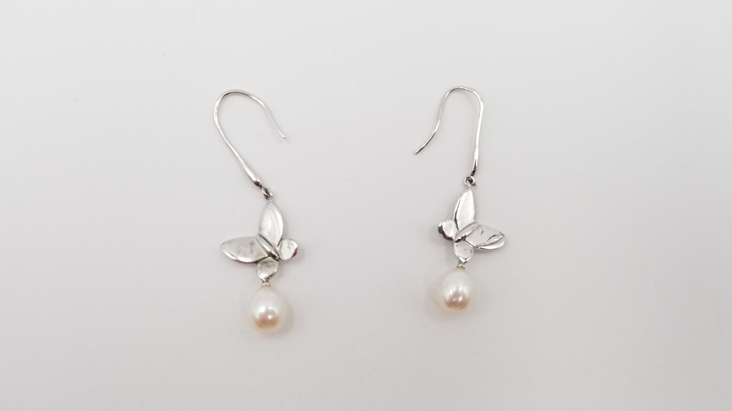 FRESHWATER CULTURE PEARLS STERLING SILVER BUTTERFLY DROP EARRINGS