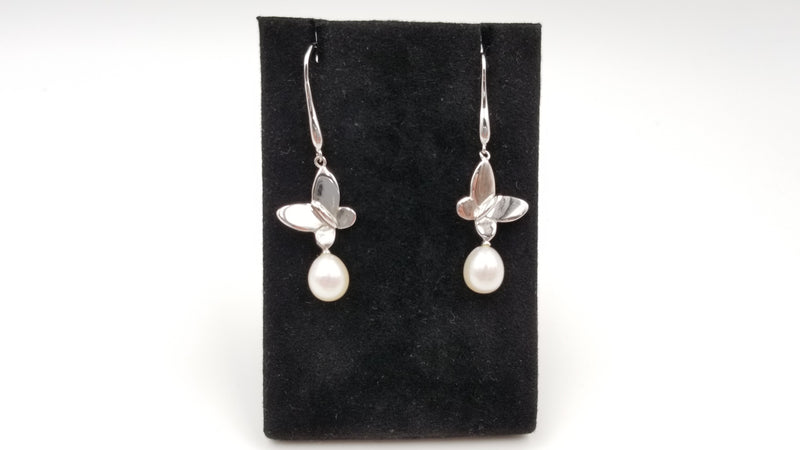 FRESHWATER CULTURE PEARLS STERLING SILVER BUTTERFLY DROP EARRINGS