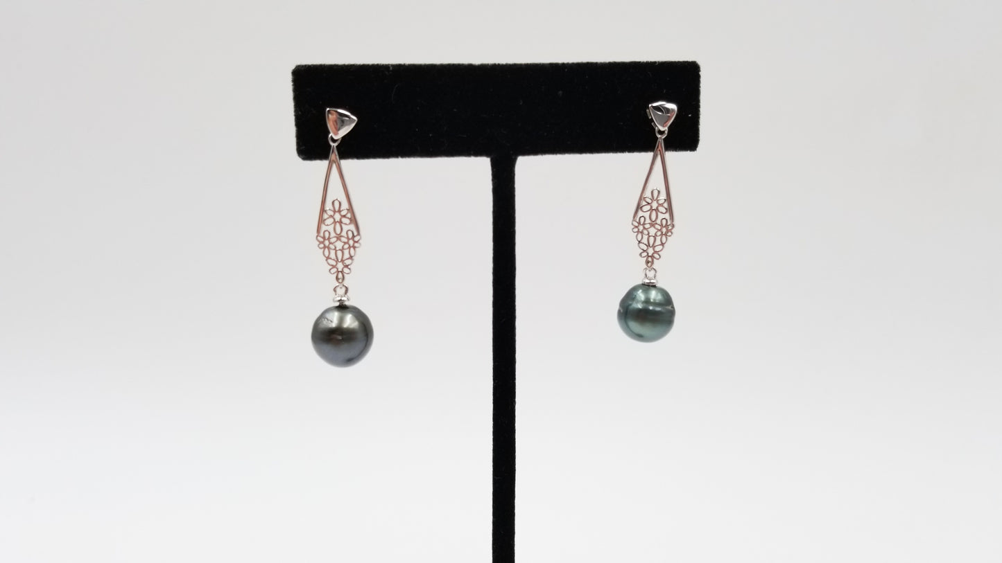 TAHITIAN BLACK BAROQUE PEARLS STERLING SILVER FANCY DROP EARRINGS