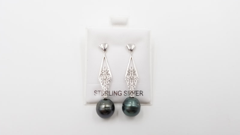 TAHITIAN BLACK BAROQUE PEARLS STERLING SILVER FANCY DROP EARRINGS