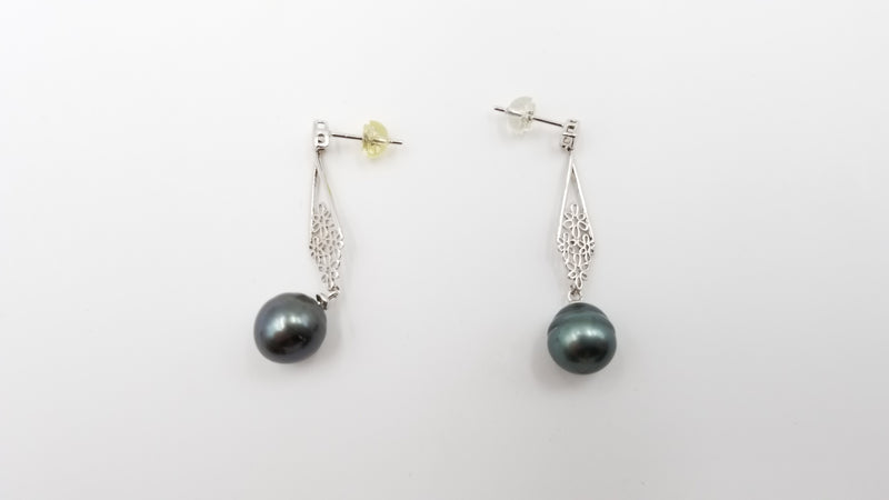 TAHITIAN BLACK BAROQUE PEARLS STERLING SILVER FANCY DROP EARRINGS