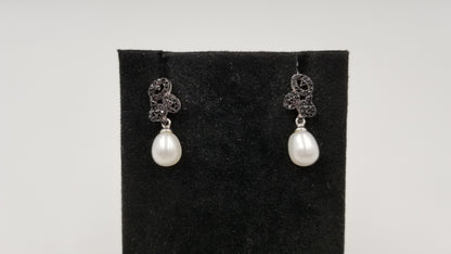 FRESHWATER CULTURE PEARLS W/ BLACK CZ  STERLING SILVER PUSH BACK EARRINGS
