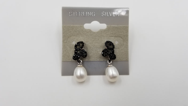 FRESHWATER CULTURE PEARLS W/ BLACK CZ  STERLING SILVER PUSH BACK EARRINGS