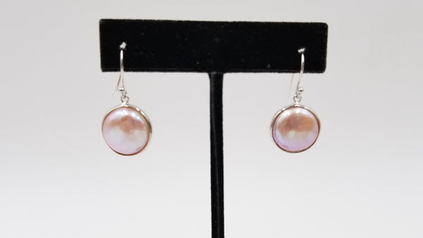 FRESHWATER CULTURE COIN PEARLS NATURAL PEACH COLOR STERLING SILVER DROP EARRINGS